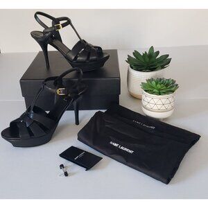 NIB SAINT LAURENT Tribute 75 mm Black Leather Woven Platform Sandal 40